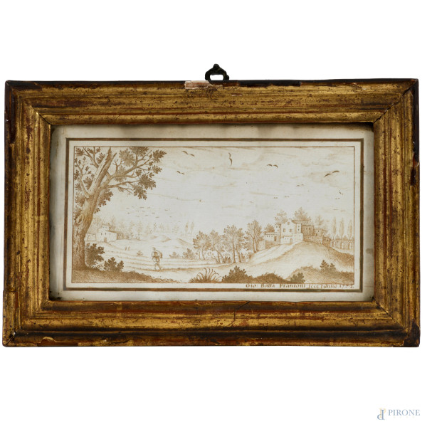 Coppia di paesaggi con figure, inchiostro su carta, cm 12x22, iscritti "Gio. Battista Franzoni fece l'Anno 1772", in basso a destra, entro cornice, (difetti)