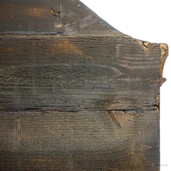 Trumeaux in noce e radica di noce con filetti intarsiati in bosso, a quattro cassetti e sportello...