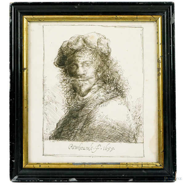 Ritratto di Rembrandt, china su carta, cm 20x18,5, entro cornice, (macchie sulla carta).