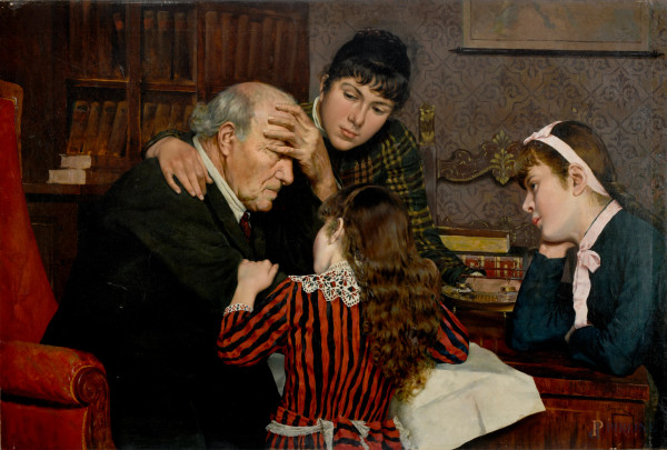 Triste novella, olio su tela, cm 84,5x125,5, XIX secolo, firmato "O. Borrani" in basso a destra, entro cornice, (difetti)