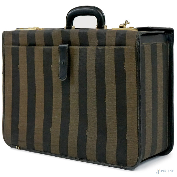 Fendi Valigetta vintage in tela Pequin Stripe con finiture in pelle nera, cm 34x46x16,5, (difetti).