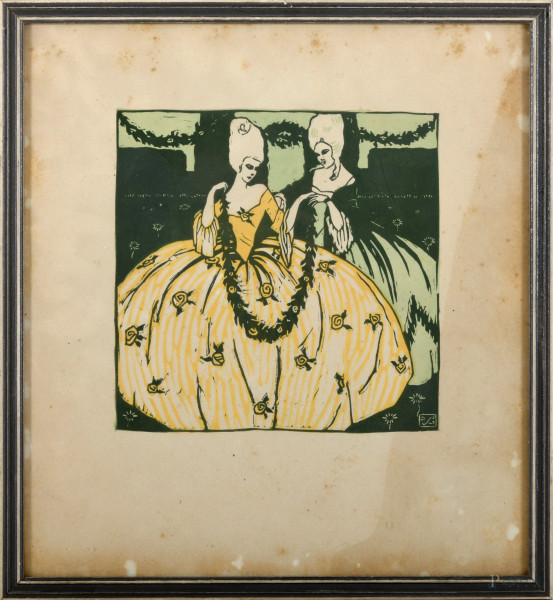 Coppia di incisioni colorate con scene galanti di nobildonne, cm 37x33,5 entro cornici (difetti)