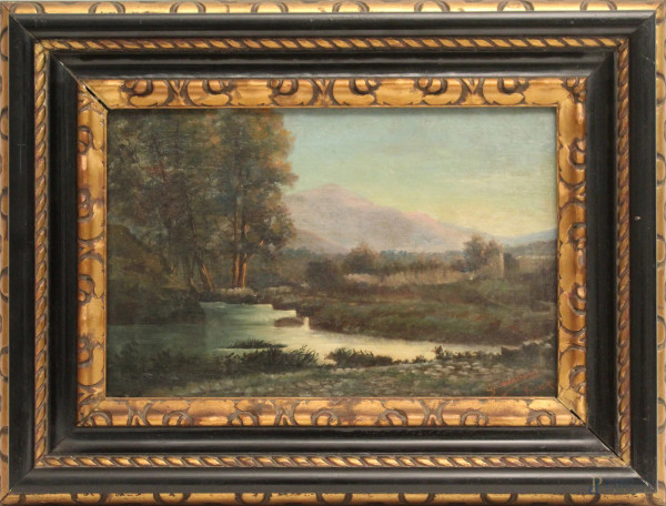 Paesaggio fluviale, olio su tela 28x41 cm, entro cornice.