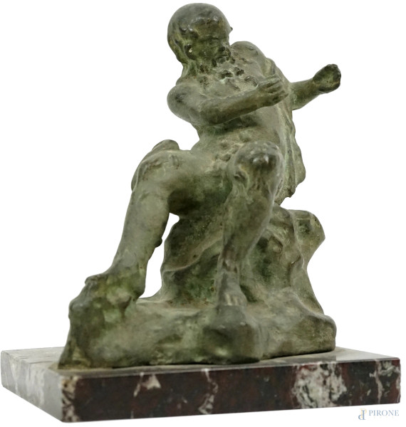 Sileno, antica scultura in bronzo, cm h 18x14x12, base in marmo, (difetti, mancanze)