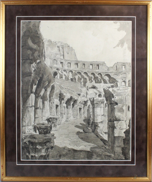 Interno del colosseo, china e acquarello su carta, cm. 48x38, firmato Edoardo Gioja, entro cornice.