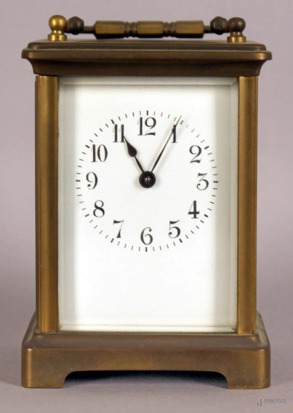 Orologio cappuccina in bronzo e vetro, altezza 15 cm, primi &#39;900, (da revisionare).