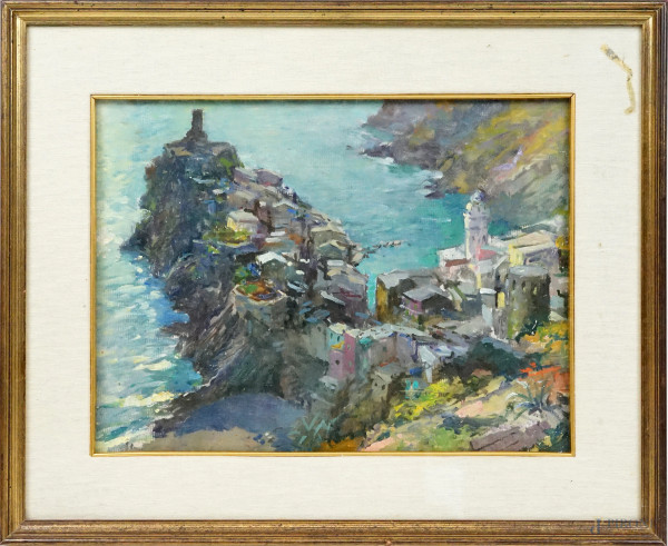 Vernazza - Le Cinque terre, olio su cartone, cm 30x40 circa, XX secolo, entro cornice.