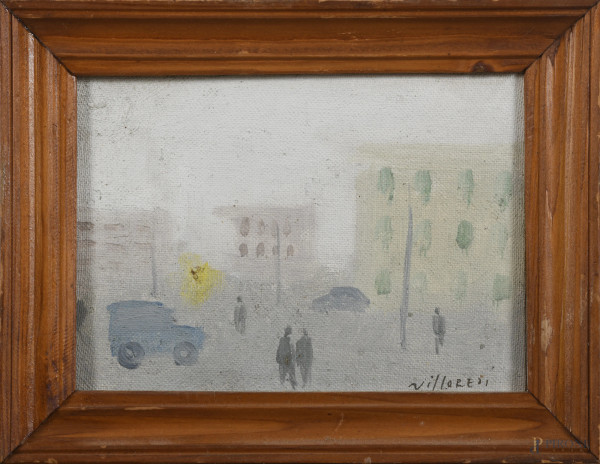 Scorcio di città, tecnica mista su tela applicata su tavoletta, cm 12,5x17,5, entro cornice, (segni di usura, abrasioni)