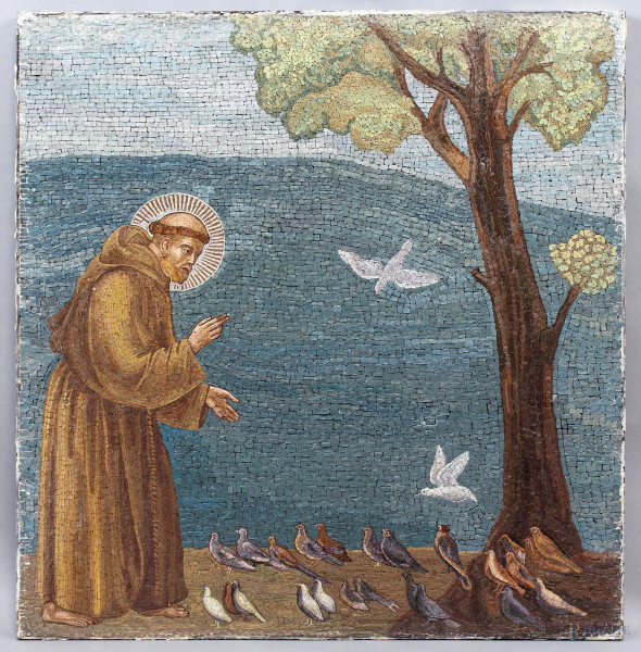 San Francesco predica agli uccelli, pannello in mosaico policromo, cm 71,5x68,5, XX secolo