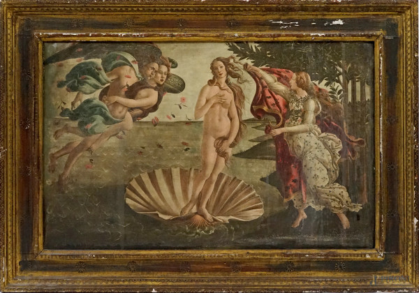 La nascita di Venere di Botticelli, oleografia su cartone, cm 26,5x57,5, XX secolo, entro cornice.