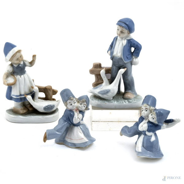 Lotto di quattro statuine in porcellana danese, altezza massima cm 15, (rotture e restauri)