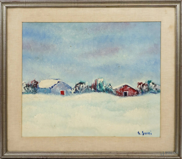 Giuseppe Succi - Paesaggio invernale, olio su tela, cm 50x60, entro cornice.