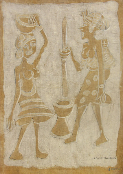 Gregor Mambawa (XX sec.) Figure femminili al villaggio, dipinto coloniale di arte tribale del centro Africa, tecnica mista su stoffa, cm 50x70, firmato