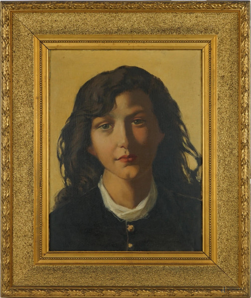 Ritratto di ragazza, olio su cartone, cm 36,5x27, XX secolo, entro cornice.