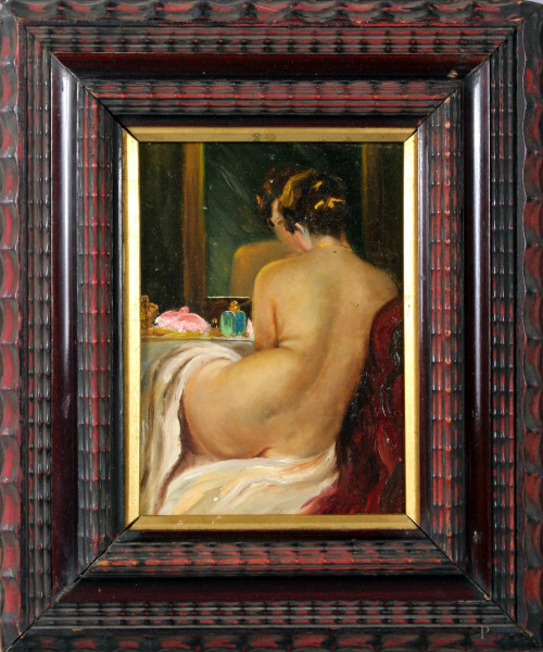Nudo di donna, olio su tavola, cm. 19x14, entro cornice.
