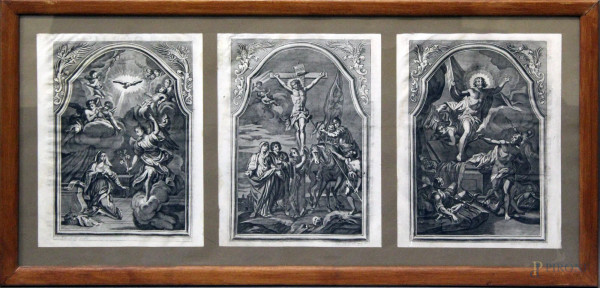 Lotto composto da tre antiche incisioni a soggetti sacri, cm 29 x 22, entro unica cornice.