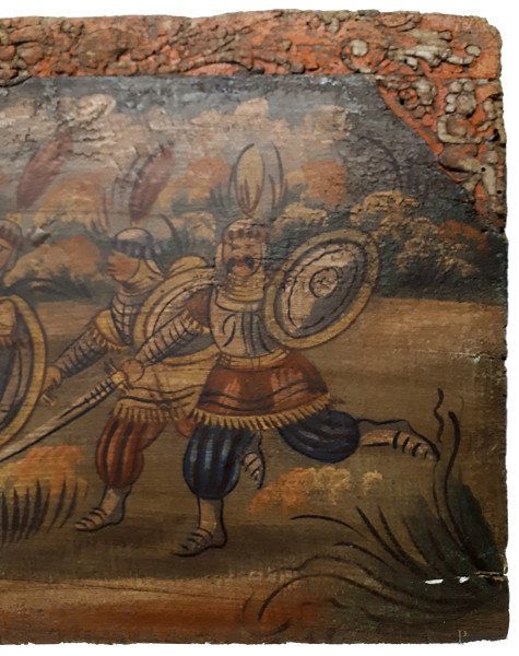 Combattimento di Pupi siciliani, sponda di carretto siciliano dei primi dell’800 dipinta ad olio ...