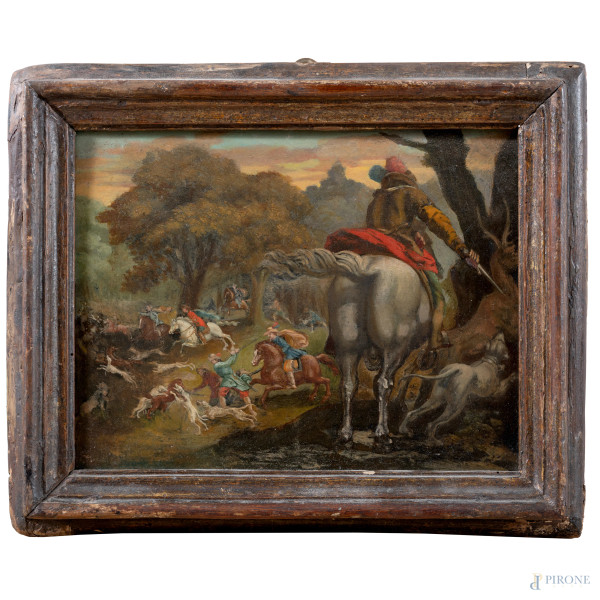 Scena di caccia, XVIII secolo, olio su tavola, cm 20,5x26,5, entro cornice, (segni di usura, piccole abrasioni e cadute di colore, supporto lievemente imbarcato)