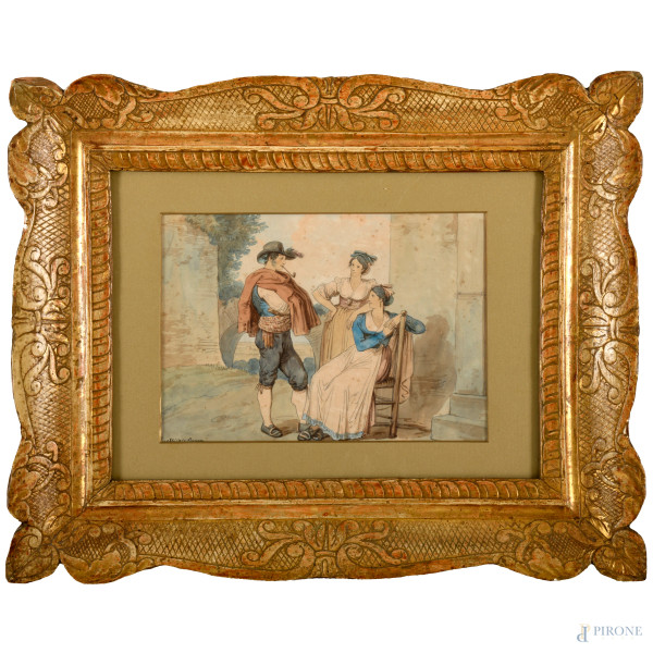 Popolani romani, acquerello su carta, cm 28x36 compreso passepartout, entro cornice, (difetti)