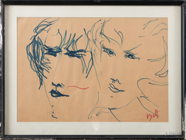 Antonio Vangelli (1917-2003), Volti, due disegni a pennarello su carta cm 35x47, firmati in basso, entro cornice. (segni di usura, bruniture della carta, difetti)
