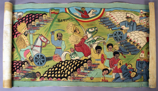 Scuola Etiopia prima met&#224; del XX sec, Battaglia Italo, Etiopia, olio su tela 83x175 cm, (privo di telaio).