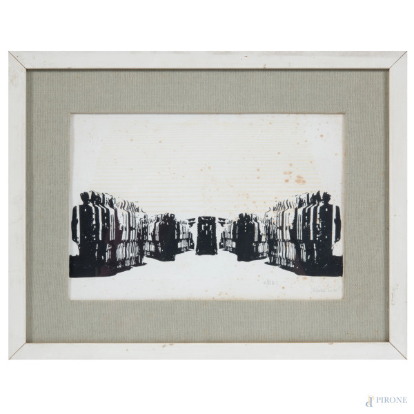 Mario Ceroli (1938), Senza Titolo, litografia, es. 2PDS, firmato in basso a destra, cm 29x38 compreso passepartout, entro cornice (gore, tracce di umidità)