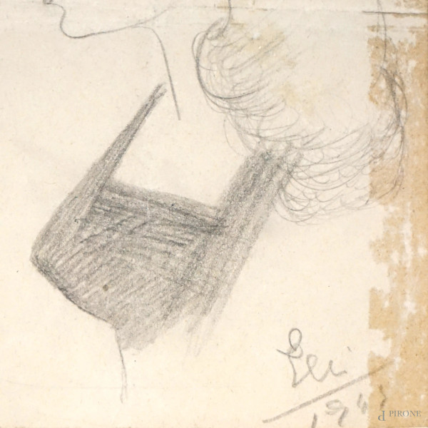 Profilo di donna, caricatura a matita su carta, cm 15x10 circa, siglato e datato, entro cornice, ...