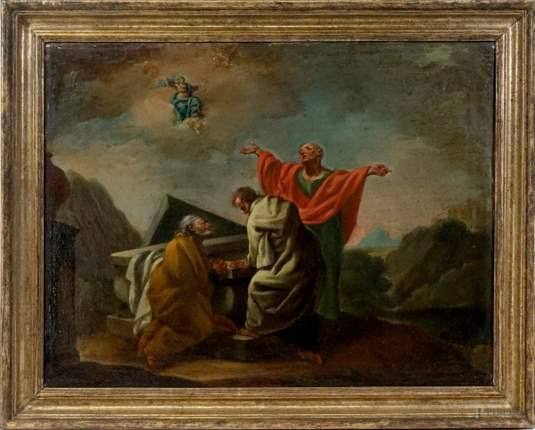 Pittore del XVIII secolo, Assunzione della Vergine, olio su tela, cm 48x62,5, entro cornice, (difetti e restauri sulla tela).