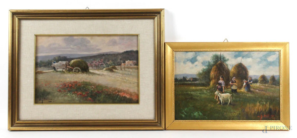 Gustavo Bellusci - Coppia di paesaggi toscani, olio su cartone, cm 20x30, entro cornici