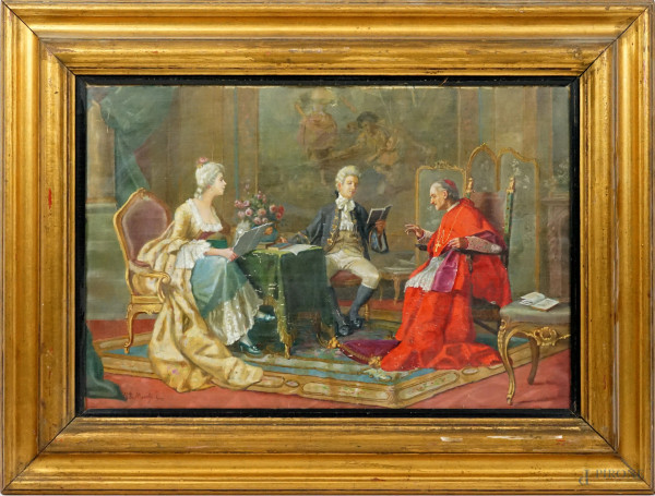 Interno con cardinale e figure, olio su tela riportato su cartoncino, cm 37x53, firmato in basso a sinistra G.R.Moretti Roma, entro cornice