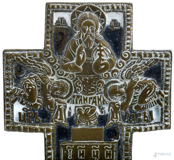 Croce ortodossa in bronzo e smalti, XIX-XX secolo, cm 36x18, (segni di usura, ossidazione)