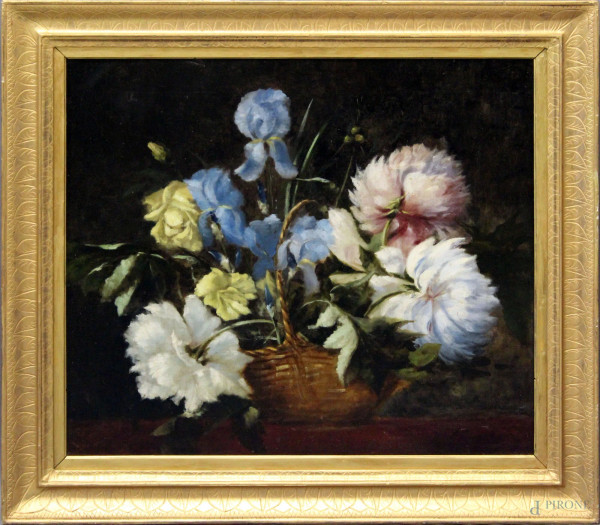 Fiori, olio su tela, 67x77 cm, entro cornice, recante firma Pennasilico