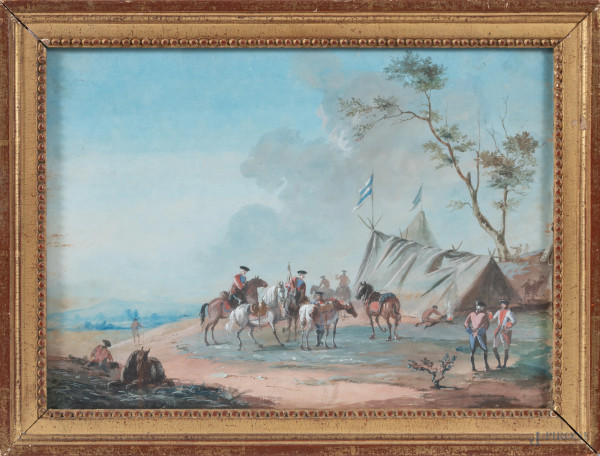 Accampamento con soldati, XVIII-XIX secolo, tecnica mista su carta, cm 31x40,5, entro cornice