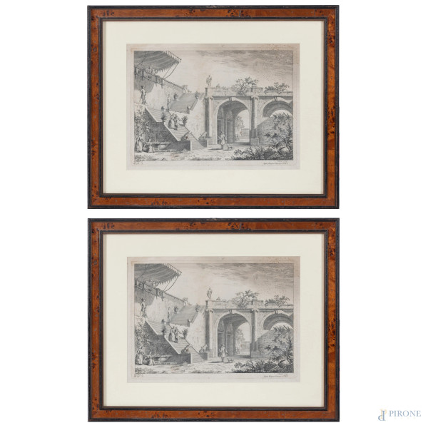 Lotto di due incisioni veneziane, XIX-XX secolo, cm 35x45 compreso passepartout, (segni di piegatura, foxing, tracce di umidità)