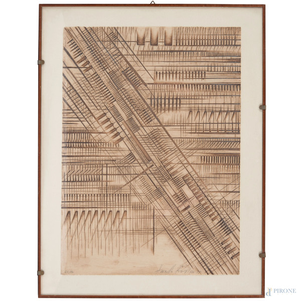 Arnaldo Pomodoro, Lettera con discesa, 1977, calcografia, es. 65/90,  firma, datazione e numerazione al fronte, entro cornice