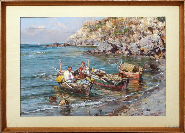 Costa con pescatori, olio su tavola, cm. 35x50, firmato Giardiello, entro cornice.