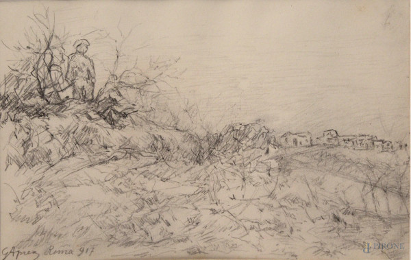 Paesaggio con casolare e contadini, olio su tela, cm 44x59, Scuola Nord Europa, XVIII sec.
