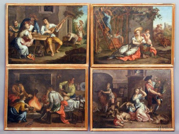 Scuola del Nord Europa, Lotto composto da quattro dipinti raffiguranti le quattro stagioni, olio su tela, cm 46,5x62,5, XVIII sec., entro cornici.
