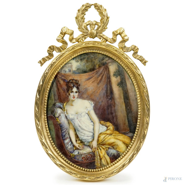 Da Francois Gerard (1770-1837), Madame Récamier, miniatura dipinta ad assetto ovale, cm 11x8,5, entro cornice.