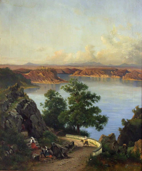 Scorcio di paesaggio con santuario e figure, olio su tela, cm 78x65, entro cornice.