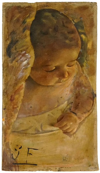 Bambino dorminiente, olio su carta applicata su cartone, cm 19,5x35,5, siglato SF, (difetti)