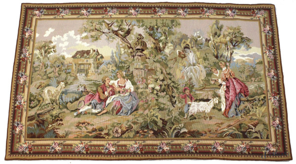 Arazzo a mezzo punto raffigurante paesaggio con figure, cm 120x150, XX secolo
