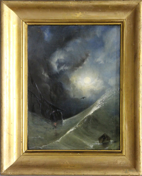 Pittore del XIX sec°, Notturno con mare in tempesta, olio su tela 29x22 cm, entro cornice.