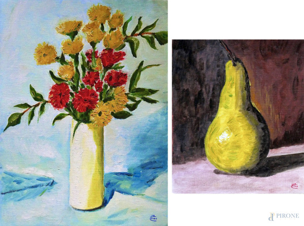 Lotto composto da due dipinti a olio su cartone telato raffiguranti natura morta con pera cm 18x16 e vaso con fiori cm 32x24, firmati