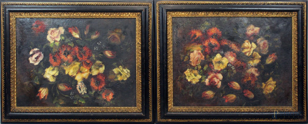 Coppia di nature morte, olio su tela, cm 56x75, XIX secolo, entro cornice