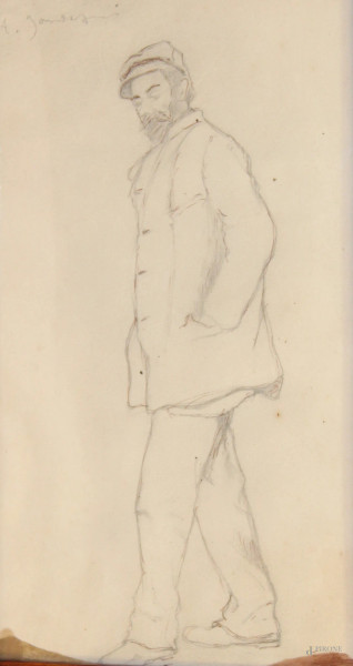 Uomo che cammina, disegno su carta, cm 18x30, entro cornice firmato.