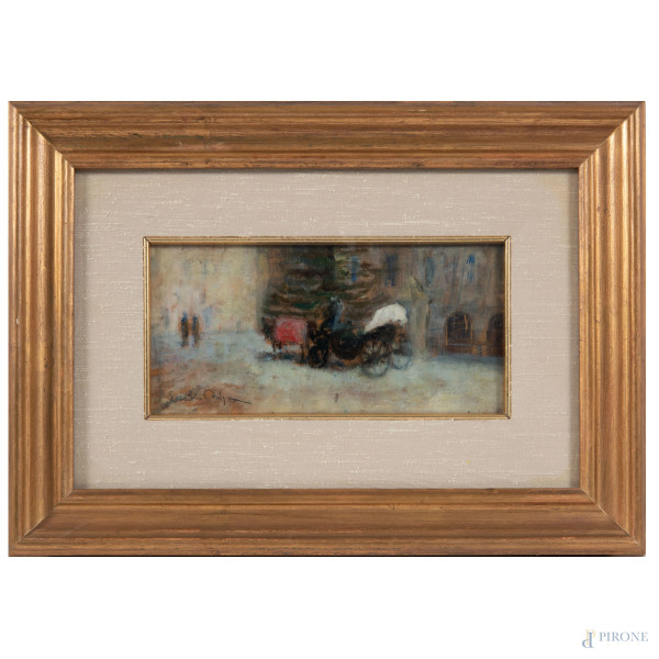 La carrozza, XIX secolo, olio su tavoletta, cm 12x24, firmato in basso a sinistra, entro cornice