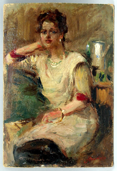 Ritratto di donna seduta, olio su cartone, cm. 25x17,5, firmato A. Mancini.