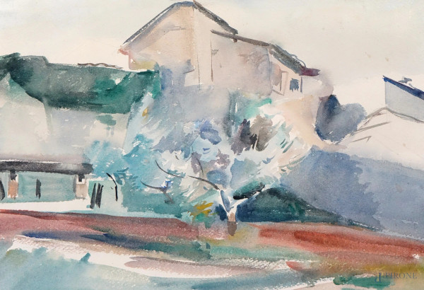 Casolare, acquarello su carta, cm 34,5x48 circa, firma e dedica in basso a destra, entro cornice.