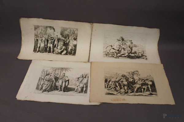 Lotto di quattordici incisioni a soggetto di soldati romani, XIX sec, 66x44 cm.